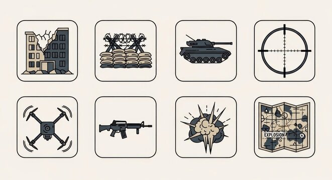 Warfare icons depict military action with tanks and guns on a map.