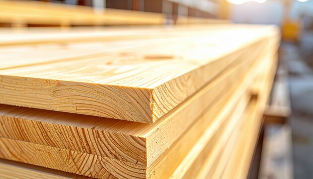 stacked smooth pine lumber boards in warm sunlight at indoor warehouse storage, freshly cut wood planks with visible grain, timber supply depot, concept of construction, carpentry, home renovation