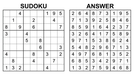 Vector sudoku with answer 57. Educational game with numbers for kids and leisure for adult on white background.	