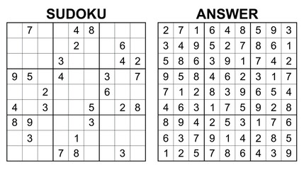 Vector sudoku with answer 59. Educational game with numbers for kids and leisure for adult on white background.	