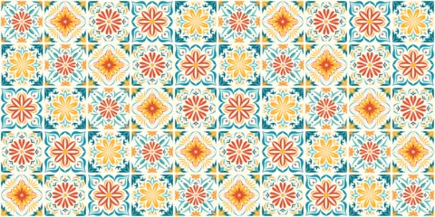 Fototapete Portugal Keramikfliesen Seamless Mexican tiles pattern with green, orange, and yellow floral diamond motifs in a Talavera style. Bright geometric repeating background for wallpaper, fabric, wrapping paper, and decor.  © Danchenko
