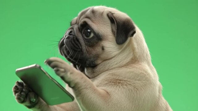 Funny Pug Dog Holding Smartphone on Green Screen