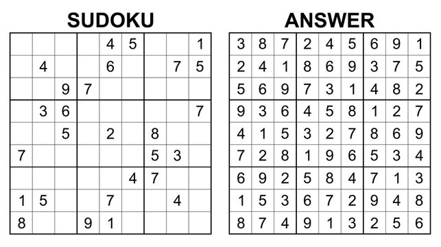 Vector sudoku with answer 58. Educational game with numbers for kids and leisure for adult on white background.	
