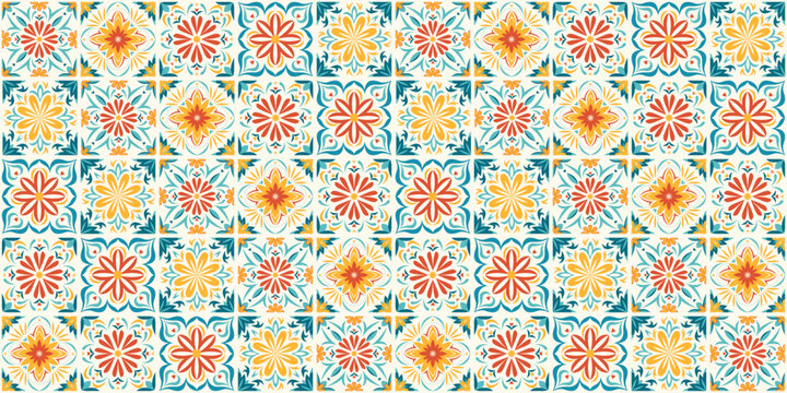 Seamless Mexican tiles pattern with green, orange, and yellow floral diamond motifs in a Talavera style. Bright geometric repeating background for wallpaper, fabric, wrapping paper, and decor.