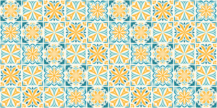Seamless Mexican tiles pattern with orange, green, and yellow floral geometric motifs. Talavera inspired repeating background for wallpaper, fabric, wrapping paper, textiles, kitchen decor, prints.