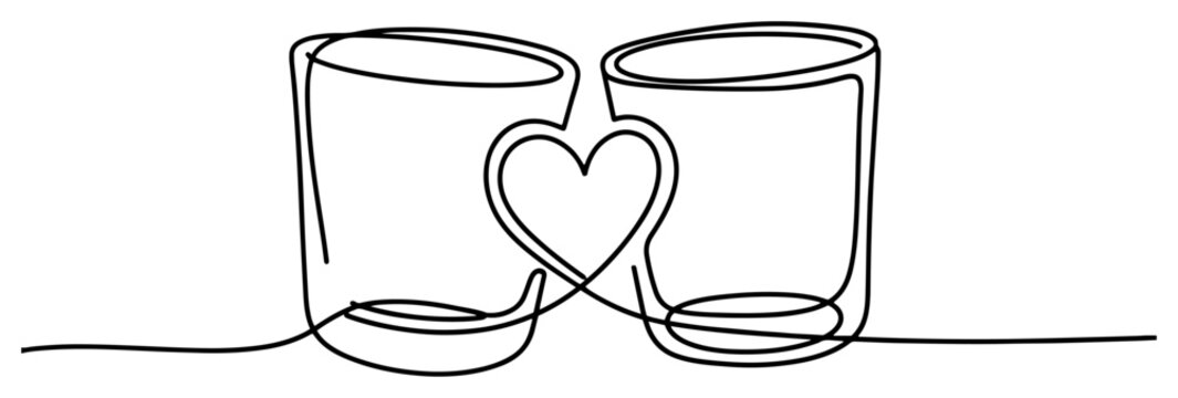 Two glasses with heart continuous line art. Minimalist romantic toast or drink for couple vector illustration.