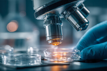 Scientist examining samples through a microscope with gloved hand adjusting a petri dish under the lens in a modern laboratory setting