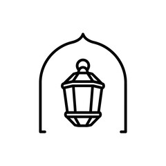 Fototapeta premium A minimalist black and white line art illustration of a traditional Islamic lantern hanging inside an arched doorway.