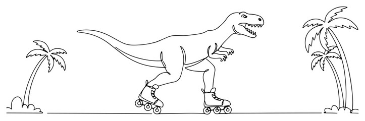 T-Rex dinosaur on roller skates in tropical park continuous line art. Funny jurassic predator skating between palm trees minimalist vector. © ----WWWLINE----
