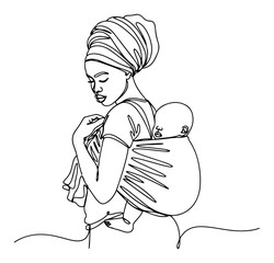 African mother carrying baby in wrap sling continuous line art. Minimalist motherhood and parenting portrait vector illustration. © ----WWWLINE----
