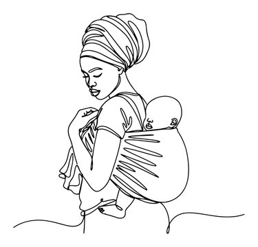African mother carrying baby in wrap sling continuous line art. Minimalist motherhood and parenting portrait vector illustration.