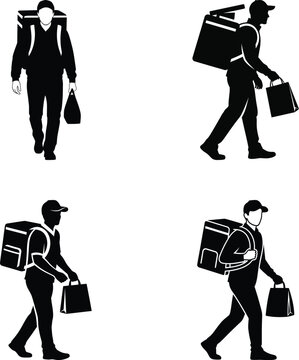 Delivery person icons with backpacks and shopping bags