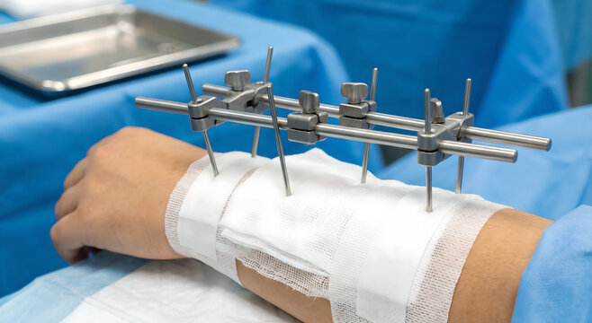Patient arm with external fixation device for fracture healing