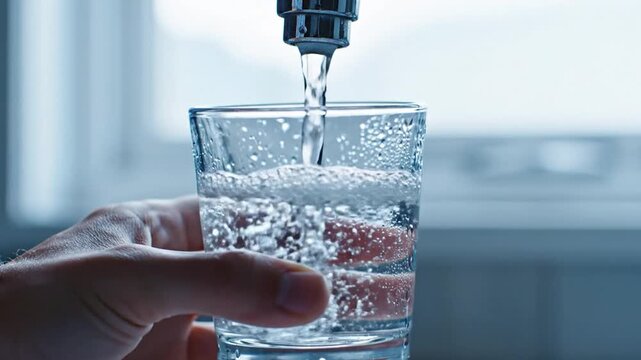 Hand filling glass with fresh clean water from tap for refreshment hydration