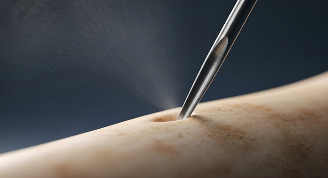 Close up of hypodermic needle injecting liquid into human skin surface