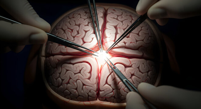 Neurosurgeon carefully operates on brain using forceps in sterile environment