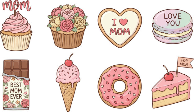 A grouping of eight sweet desserts and baked goods decorated with pink frosting, hearts, and affectionate messages for mothers.