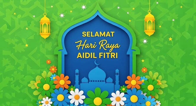 Selamat Hari Raya Aidil Fitri Celebration Design with Mosque Silhouette and Colorful Flowers on Green Background