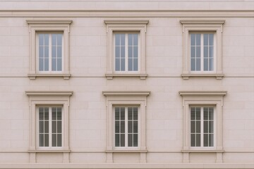 Fototapeta premium Elegant Building Facade Featuring Classic Windows with Decorative Frames and Neutral Toned Stonework, Architectural Detail