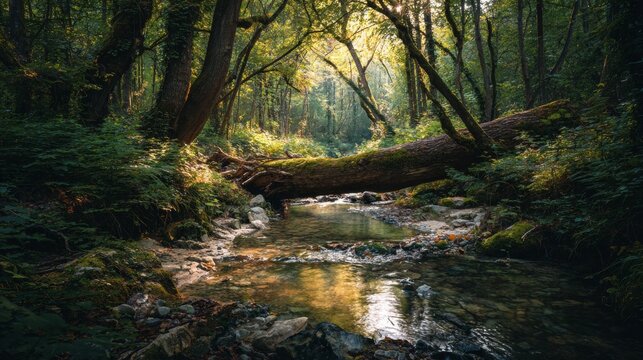 fallen tree trunk in the middle of a leafy forest
