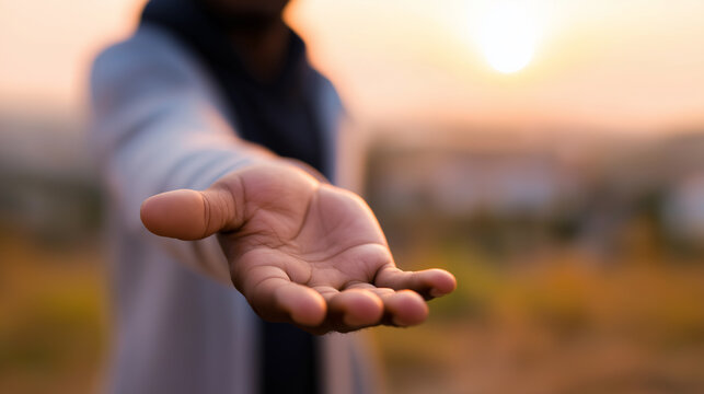 Open human hand reaching forward in warm sunset light symbolizing hope, help and connection.