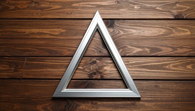 An elegant, metallic-framed triangle sits atop a rich, brown wooden background, emphasizing geometric simplicity and contrast