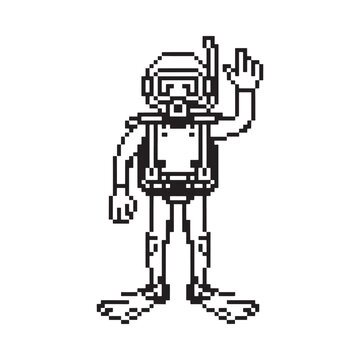 Pixelated illustration of a scuba diver waving with one hand up
