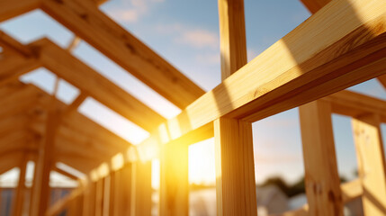 Wooden frame structure of a new house under construction illuminated by warm sunlight.