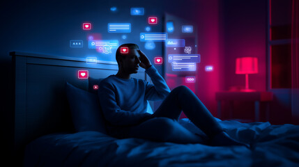 Naklejka premium Young man sitting on bed at night illuminated by floating social media notifications symbolizing digital overload and online addiction.