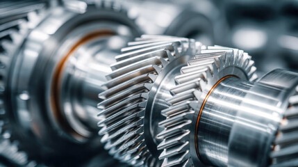 Fototapeta premium Detailed view of shiny metal gears interlocking in a mechanical system showcasing engineering precision and industrial machinery components in close-up photo