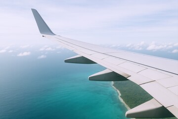 Obraz premium Aerial View of Tropical Coastline From Airplane Window Displaying Wing and Turquoise Water