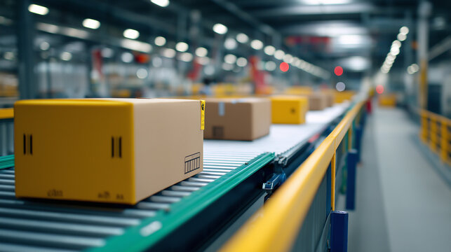 Cardboard boxes moving on a conveyor belt in a modern automated warehouse distribution center.
