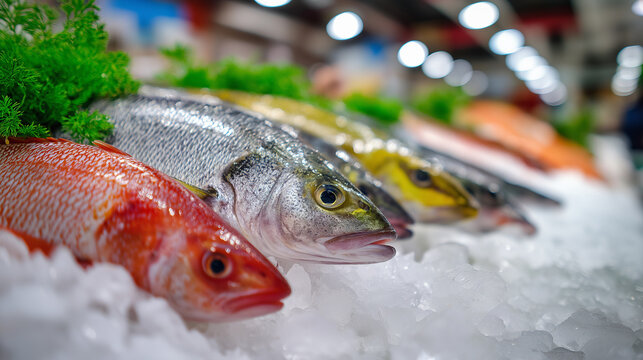 Fresh whole fish displayed on crushed ice at a seafood market counter.