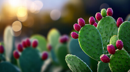 Naklejka premium Prickly pear cactus with colorful fruits illuminated by warm sunset light in desert nature. 
