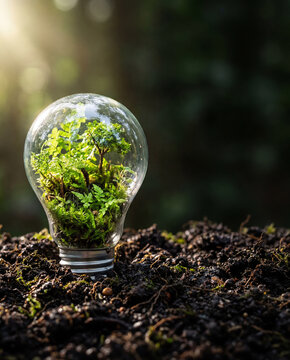 Upright Lightbulb Containing Miniature Forest on Rich Soil

