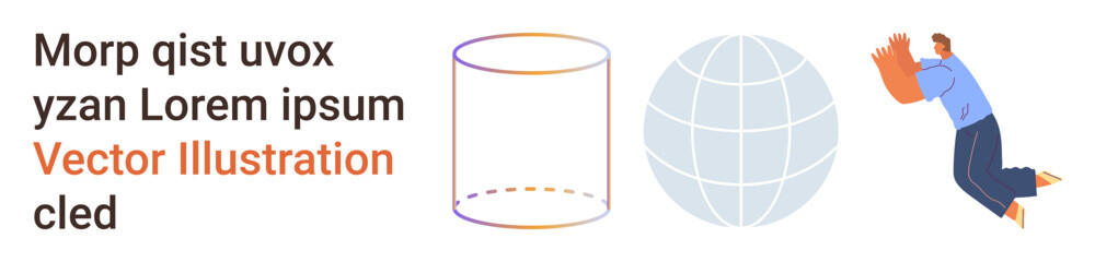 Obraz premium Data visualization, teamwork, global connectivity, abstract design, innovation, technology concept. 3D cylinder, globe graphic human leaping forward. Data visualization and teamwork