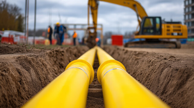 Yellow gas pipeline installed in construction trench representing natural gas infrastructure and energy distribution.