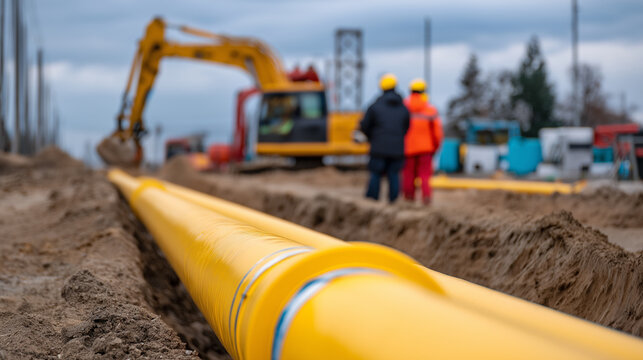 Yellow gas pipeline installed in construction trench representing natural gas infrastructure and energy distribution.