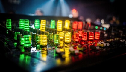Fototapeta premium Focused view on LED meters of an audio mixer glowing under stage lighting capturing the vibrant energy of a live show environment.