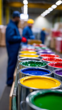 Industrial paint cans filled with colorful liquid paint on factory production line.