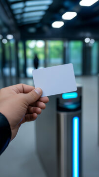 Hand holding access card near electronic gate reader for secure building entry system.