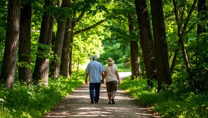Fototapeta premium An elderly couple strolls hand-in-hand along a sun-dappled path beneath a canopy of tall trees in a lush, green forest