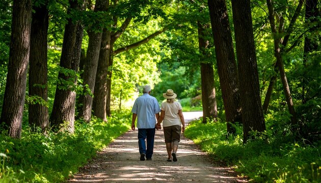 An elderly couple strolls hand-in-hand along a sun-dappled path beneath a canopy of tall trees in a lush, green forest