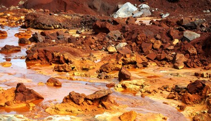 Fototapeta premium An eye-level shot captures an arid landscape dominated by rust-colored rocks and flowing, ochre-hued water. Sunlight reflects vividly