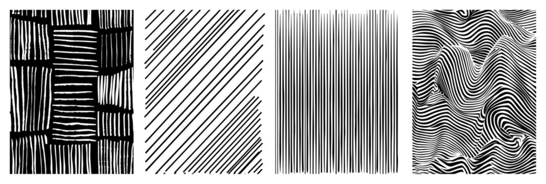 Hand drawn ink textures set with cross-hatching and wavy lines. Artistic sketch shaders and linear patterns for drawing.