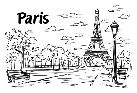 Paris Eiffel Tower sketch with park bench and street lamp. Hand drawn France travel landmark vintage postcard illustration.