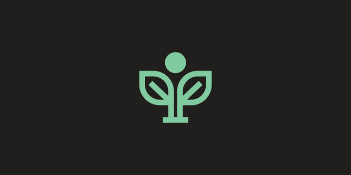 Minimalist green logo featuring a stylized human figure or plant with two leaves and a circular head, set against a dark background, representing growth, nature, and well-being.