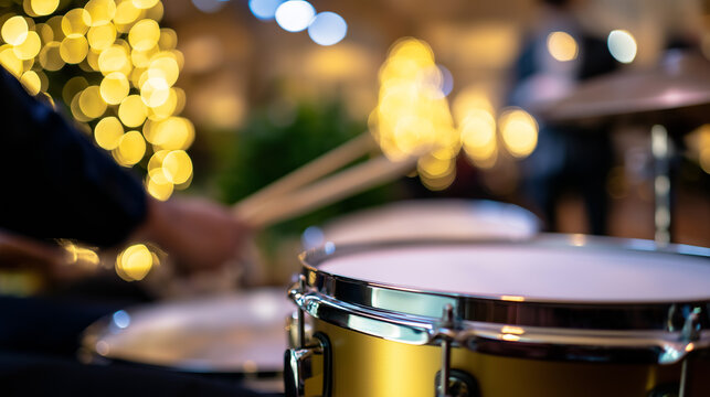 Drum set on stage with blurred musician and festive lights in background during live music performance.
