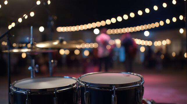 Drum set on stage with blurred musician and festive lights in background during live music performance.