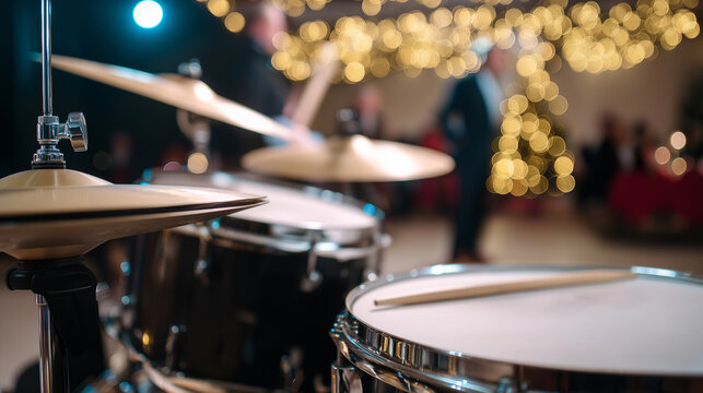 Drum set on stage with blurred musician and festive lights in background during live music performance.